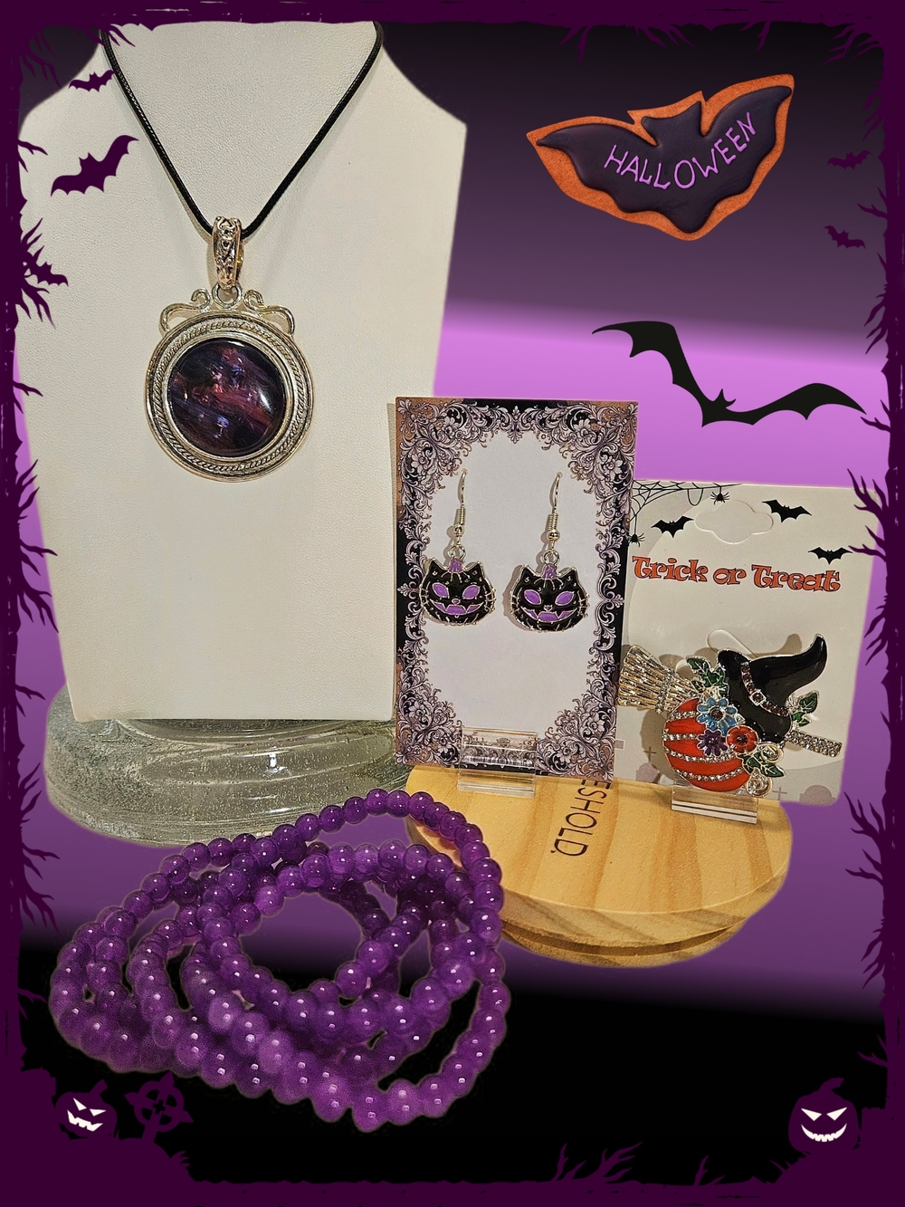 Halloween Purple & Silver Tone Jewelry Set-Cats & Witch's Hat